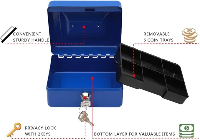 KYODOLED Cash Box with Money Tray,Small Safe Lock Box with Key,Mini Safe Box,5.91"x 4.72"x 3.15" Blue Small