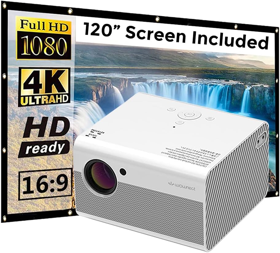 Wownect Android Projector FULL HD [4500 Lumens/Screen Size upto 200 inch]for Small/Big Room[Native Res 1080P] Download Apps Bluetooth Wifi Home Theater Gaming with 120inch Projector Screen - White