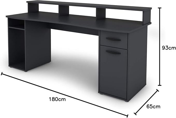 byLIVING FANTASTIC Gaming Desk with Robust Melamine Surface in Anthracite, with Attachment for Lots of Storage Space, Wood Material Chipboard, Grey, W 180, H 93, D 65 cm