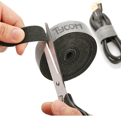 Tycom cable tidy management, fastening tape sticky strips hook loop reusable and flexible wire ties cable organizer for computer, tv, power and other cables - black 5meter