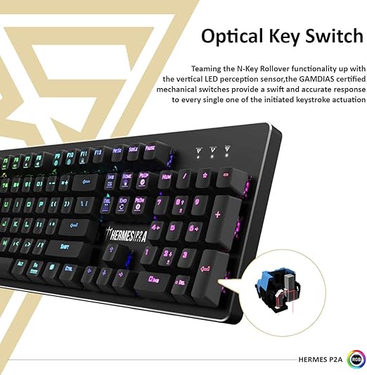 GAMDIAS Hermes P2A Full-Size RGB Mechanical Gaming Keyboard with Optical Switches, 12 Built-in Lighting Effects, 8 Multimedia Keys, 4 Lighting Effects Hotkeys and 32KB Built-in Memory (Multicolour)