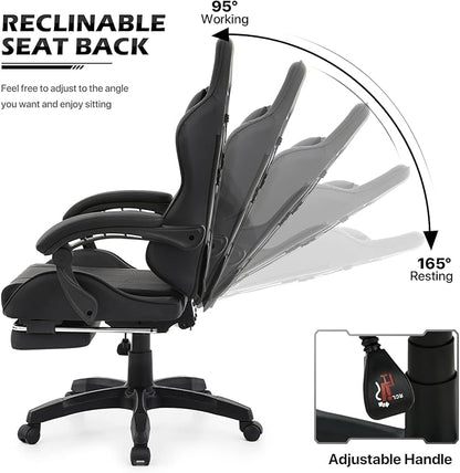 MoNiBloom Computer Gaming Chair with Footrest and Lumbar Support, Adjustable Hight Ergonomic Racing Chair for Adult Teen Office or Gaming, Carbon Fiber Leather High Back Video Game Chair, Black