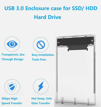 T Tersely 2.5-Inch SATA to USB 3.0 Tool-Free External Hard Drive Enclosure Adapter Case, Transparent LED Indicator 7mm/9.5mm SATA I/II/III/SSD/HDD Data Transfer PC/Laptop [Support UASP][Auto Sleep]