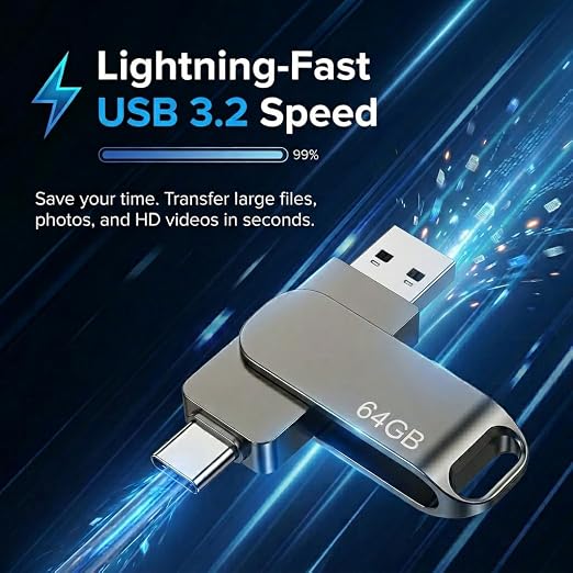 64GB Dual USB 3.2 Gen 1 USB and Type-C Jump Drive Compatible with PC, Smartphones, iPhone 15/16/17, MacBook and iPad USB Flash Drives Capable of Storing 16,000 Songs/21,600 Photos/960 Minutes Video