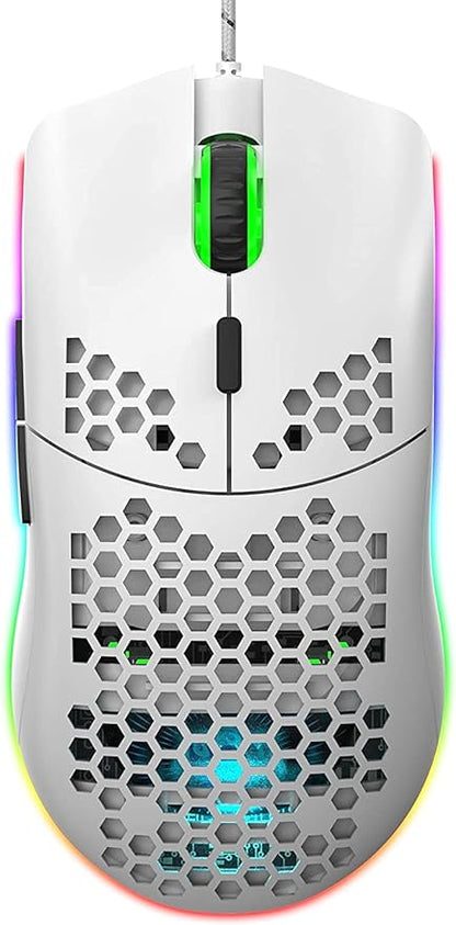 USB Gaming Mouse, Honeycomb Hollow Design Ergonomic Wired Mouse with Backlight, up to 6400 DPI, RGB Gaming Mouse for Mac, Laptop, Computer (White)