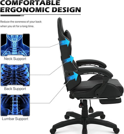 MoNiBloom Gaming Chair with Footrest High Back Video Game Chair with Headrest & Lumbar Support Height Adjustable Leather Swivel Computer Chair for Adult Teen Office or Gaming, Black