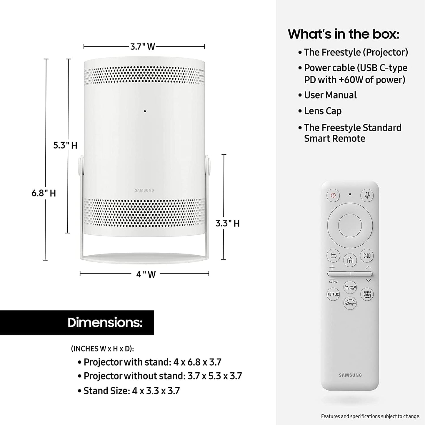 Samsung SP-LSP3BLAXZA 30 Inch -100 Inch HDR Freestyle Smart Portable Projector with an Additional 1 Year Coverage (2022)