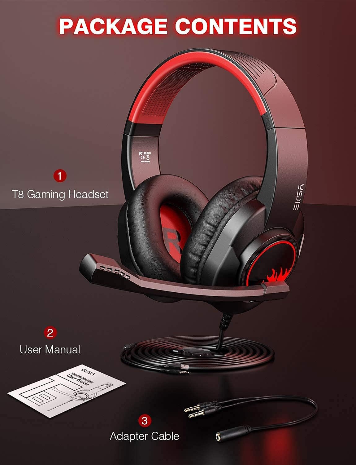 EKSA T8 PS4 Headset Gaming Headphone with Noise Canceling Mic, Wired PC Headset with Surround Stereo Sound, LED Light for PS4, PC, Laptop (Red)