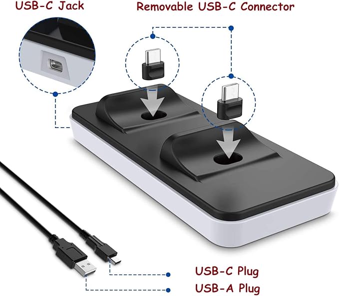 PS5 Controller Charging Station, NEWEST Dual USB Type C PS5 Controller Charger with cable, Charging Dock for Sony Playstation 5 Dualsense Controller (White) - T