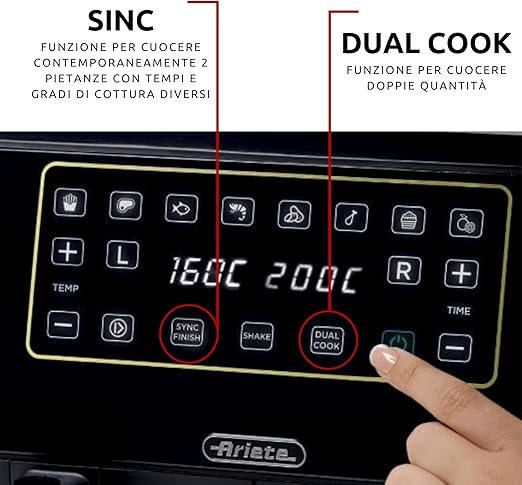 Ariete 4623 Airy Metal Air Fryer Double Basket, 1700 W, 8 Liters, 3 Cooking Functions, digital LED touch panel, 8 preset programs, timer, 2 Baskets, Black (by Delonghi Group) - T