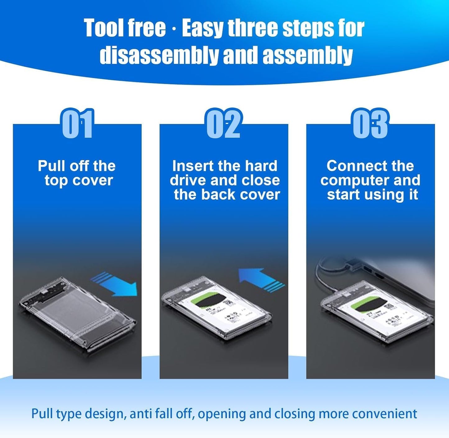 KingData SSD HDD Hard Drive Enclosure 2.5" inch SATA III USB 3.0 Caddy Case External Reader Laptop Fast Data Trasfer UASP Cable Included Tool-Free LED Indicator Clear