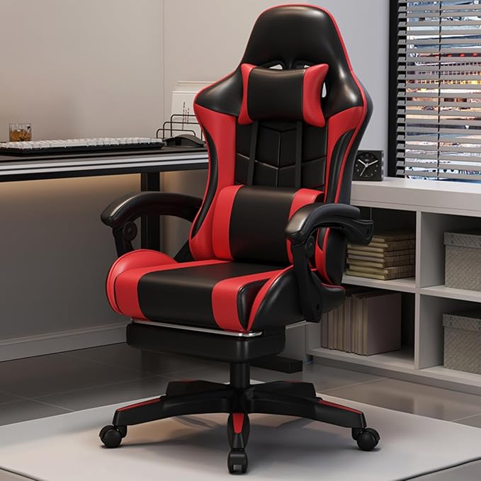 OHAHO Gaming Chair, Office Chair High Back Computer Chair Leather Desk Chair Racing Executive Ergonomic Adjustable Swivel Task Chair with Headrest and Lumbar Support (red)