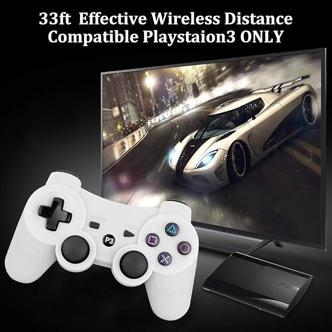 PlayStation 3 Dualshock 3 Wireless Controller for PS3, Game Joystick Remote Bluetooth Sixaxis Control Gamepad Heavy-duty Game Accessories for PlayStation 3 (USB Rechargeable, White)