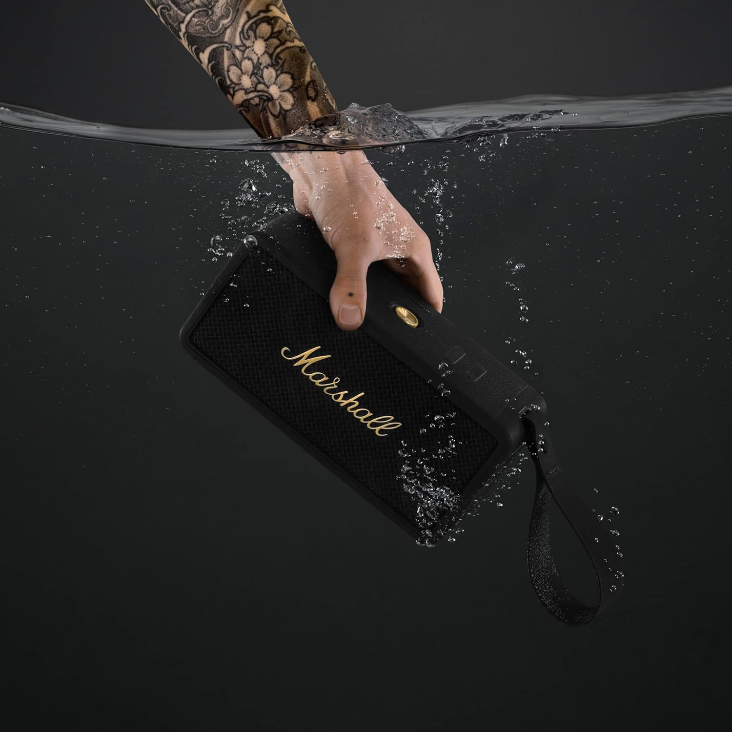 Marshall Middleton Wireless Portable Bluetooth Speaker, Over 20 Hours Portable Playtime, Waterproof IP67 - Black & Brass - T