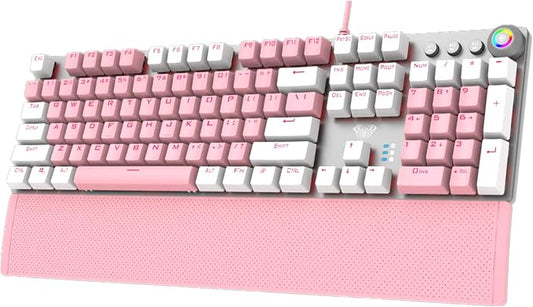 AULA F2088 Pink Mechanical Gaming Keyboard, with Wrist Rest, Media Knob, PBT Keycaps, White LED Backlit, Quick-Response 104 Keys Anti-ghosting USB Wired PC Desktop Computer Keyboards (Black Switch)