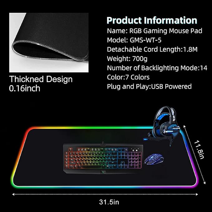 Rgb Gaming Mouse Pad Extended, Zamia Glorious Gaming Mousepad Led With 4 Cable Clips,14 Lighting Modes Computer Keyboard Mousepads, Usb Mouse Mat For Keyboard Mouse,31.5X12In,Black