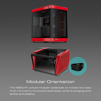 GAMDIAS NESO P1 Black Red Full Tower ATX Case - One Touch Swing Open - Panoramic Tempered Glass Panel - Dual Cahmber - Dual Orientation - High Airflow - Cable Managment - Spacious Interior