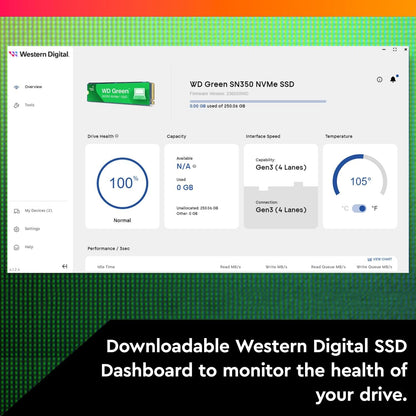 Western Digital 250GB WD Green SN350 SSD PCIe Gen3 x4, NVMe v1.3 M.2 2280, Read speed up to 2,400MB/s, Write speed up to 1,500MB/s - 3-Year Limited Warranty - WDS250G2G0C