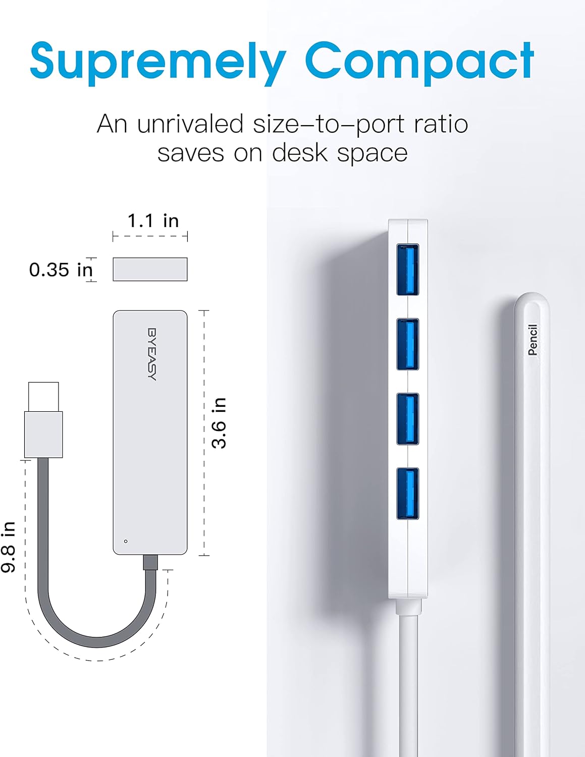 USB Hub, BYEASY 4-Port USB 3.0 Hub Ultra Slim Portable USB Splitter for iMac Pro, MacBook Air, Mac Mini/Pro, Surface Pro, Notebook PC, Laptop, USB Flash Drives, and Mobile HDD (White)