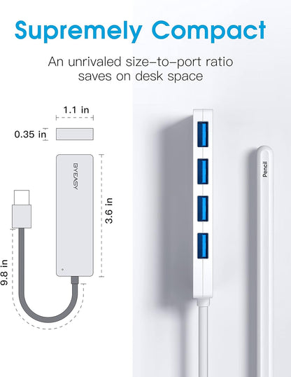 USB Hub, BYEASY 4-Port USB 3.0 Hub Ultra Slim Portable USB Splitter for iMac Pro, MacBook Air, Mac Mini/Pro, Surface Pro, Notebook PC, Laptop, USB Flash Drives, and Mobile HDD (White)