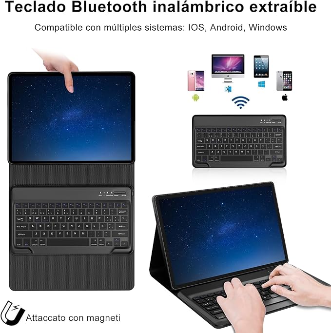 WAVATA Case with Keyboard Samsung Galaxy Tab S9 Plus 12.4 Inches – Spanish Keyboard Tablet Samsung Tab for S9+/S8+/S7+/S7FE 12.4 Inches, Detachable Wireless Bluetooth Keyboard with Case, Black