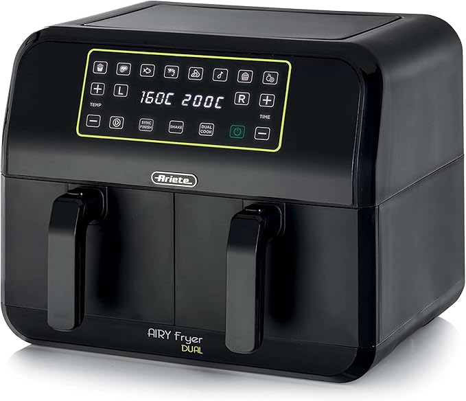 Ariete 4623 Airy Metal Air Fryer Double Basket, 1700 W, 8 Liters, 3 Cooking Functions, digital LED touch panel, 8 preset programs, timer, 2 Baskets, Black (by Delonghi Group) - T