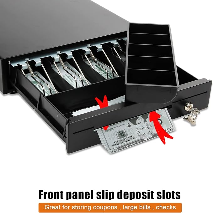 Sgorlds 14" Cash Register Drawer Black Cash Drawer for POS Machine with 4 Bill 5 Coin Fully Removable Cash Tray Coin Compartment,12-24V,RJ11/RJ12 Compatible,Key Lock,Manual Push Open,Single Media Slot - T