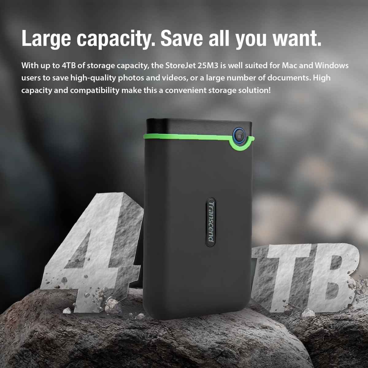 Transcend StoreJet 25M3 2TB Rugged Portable Hard Drive, Military Grade