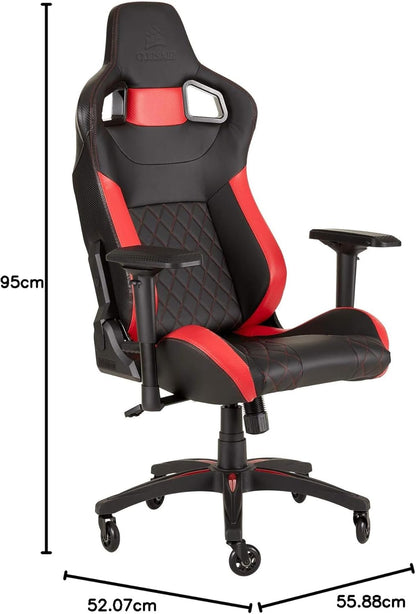 Corsair t1 race, faux leather racing gaming office chair, easy assembly, ergonomic swivel, adjustable height and 4d armrests, comfortable with recliner, black/red