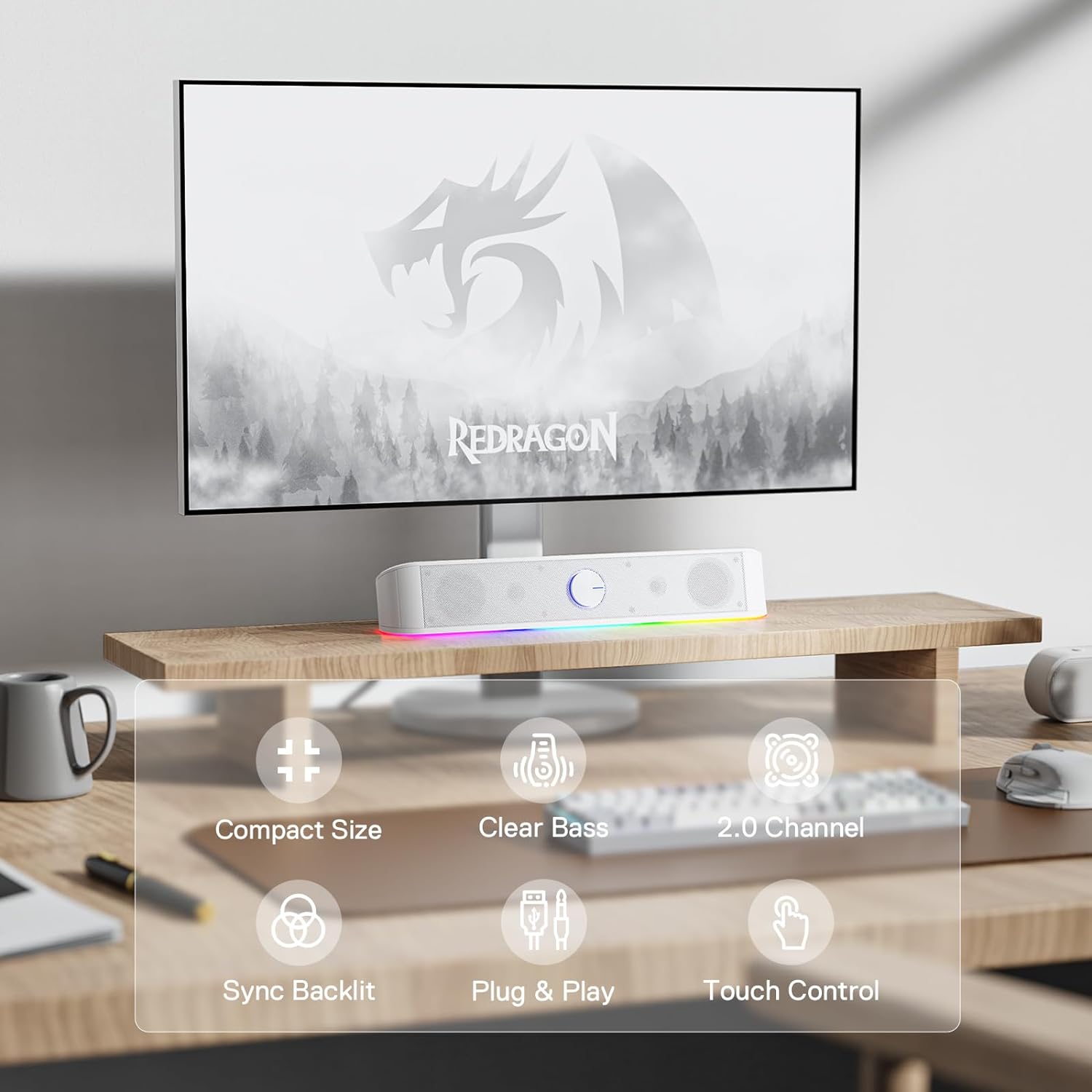 Redragon GS560 RGB Desktop Soundbar, 2.0 Channel Computer Speaker with Dynamic Lighting Bar Audio-Light Sync/Display, Touch-Control Backlit with Volume Knob, USB Powered w/ 3.5mm Cable, White - T