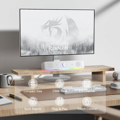 Redragon GS560 RGB Desktop Soundbar, 2.0 Channel Computer Speaker with Dynamic Lighting Bar Audio-Light Sync/Display, Touch-Control Backlit with Volume Knob, USB Powered w/ 3.5mm Cable, White - T
