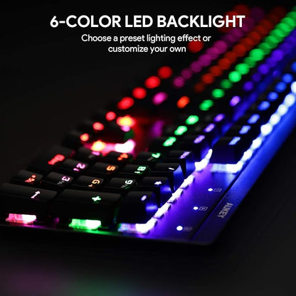 anyotherway Mechanical Gaming Keyboard LED Backlit 104 Keys, Blue Switches Keys with 6 LED Color Modes, 8 Preset Lighting Effects, USB Wired for PC Gamers