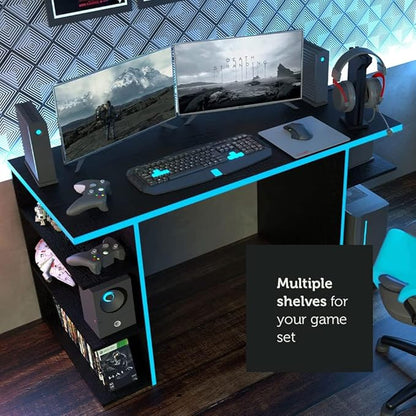 Madesa Gaming Computer Table and Office Desk with 5 Shelves and Cable Management, Wood, 136x75x60 Cm – Black/Blue