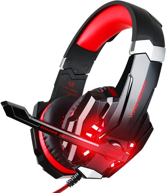 BlueFire Stereo Gaming Headset for PS4, PS5, PC, Xbox One, Noise Cancelling Over Ear Headphones with Mic, LED Light, Bass Surround, Soft Memory Earmuffs for Laptop Nintendo Switch (Black-Red)