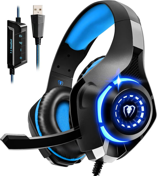 7.1 Gaming Headset for PC, Computer Gaming Headphones with Noise Cancelling Mic/Microphone, PC Gaming Headset with LED Lights for PC, PS4/PS5 Console, Laptop