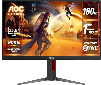 AOC 24G4 24 (IPS) Gaming Monitor, FHD 1920×1080 Display,180Hz, 1ms(GtG), HDR10, HDMI 2.0 x 1, DisplayPort 1.4 x 1, Adaptive Sync, 16.7 M Display Colors, Adjustable Stand, Black & Red