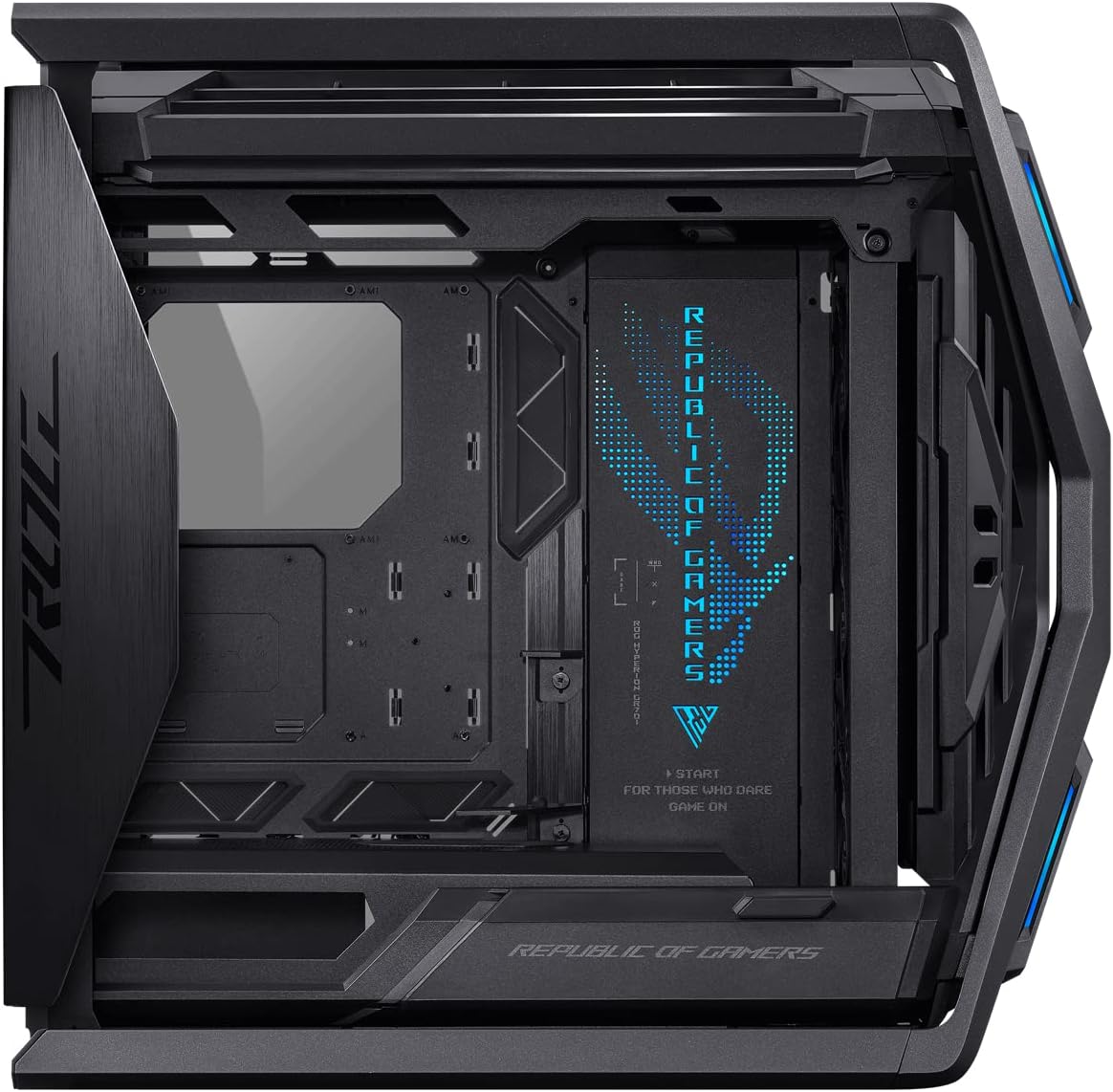 ASUS ROG Hyperion GR701 E-ATX computer case, 420 mm dual radiator support, four 140 mm fans, metal GPU holder, component storage, ARGB fan hub, 60W fast charging