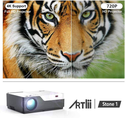 Projector, Artlii Stone Full HD 1080P Projector Support 4K, 7200L 300" Home Theater Projector, 8000:1 Contrast Ratio Compatible w/HDMI, Laptop, PPT Presentation