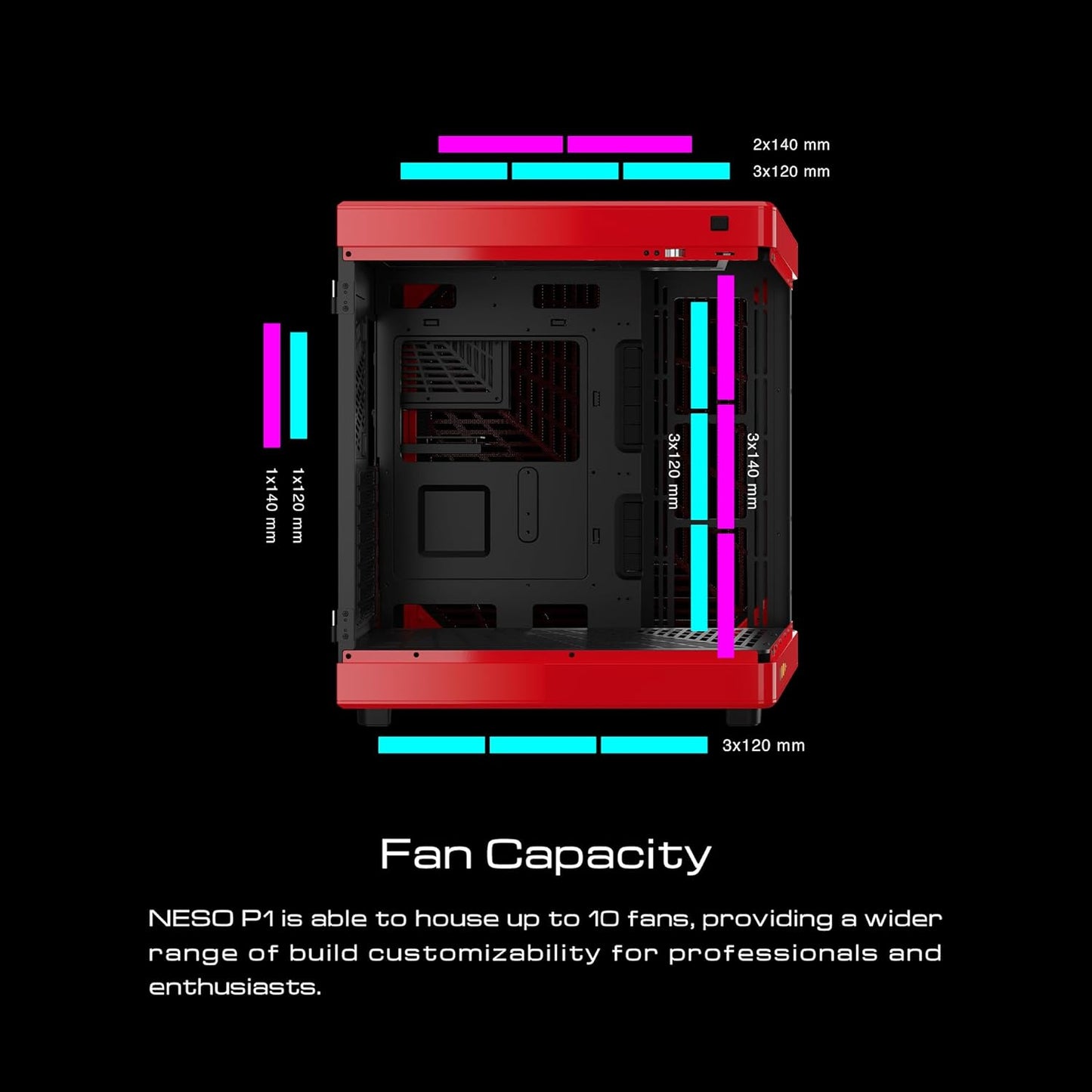 GAMDIAS NESO P1 Black Red Full Tower ATX Case - One Touch Swing Open - Panoramic Tempered Glass Panel - Dual Cahmber - Dual Orientation - High Airflow - Cable Managment - Spacious Interior