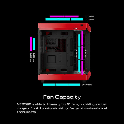 GAMDIAS NESO P1 Black Red Full Tower ATX Case - One Touch Swing Open - Panoramic Tempered Glass Panel - Dual Cahmber - Dual Orientation - High Airflow - Cable Managment - Spacious Interior