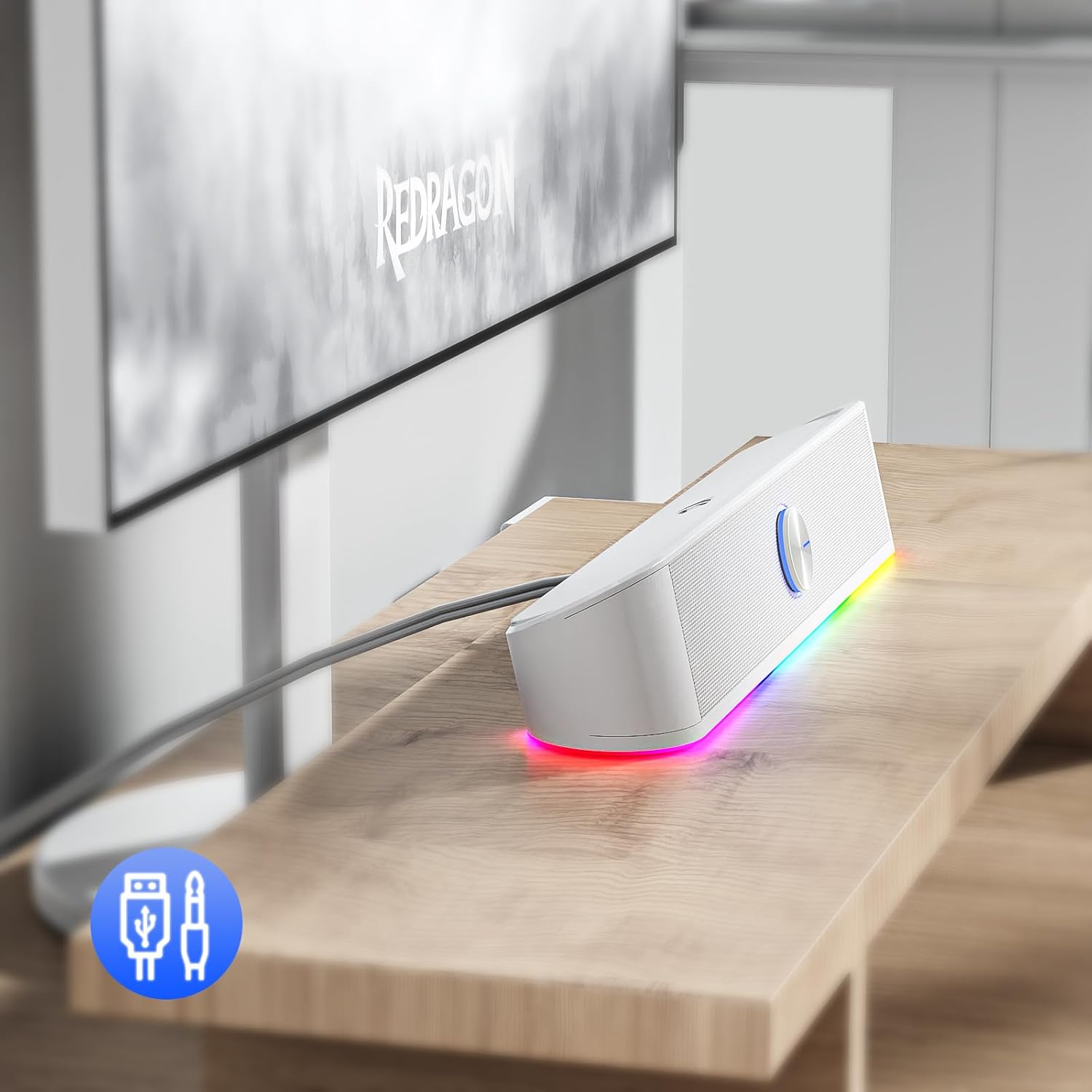 Redragon GS560 RGB Desktop Soundbar, 2.0 Channel Computer Speaker with Dynamic Lighting Bar Audio-Light Sync/Display, Touch-Control Backlit with Volume Knob, USB Powered w/ 3.5mm Cable, White - T