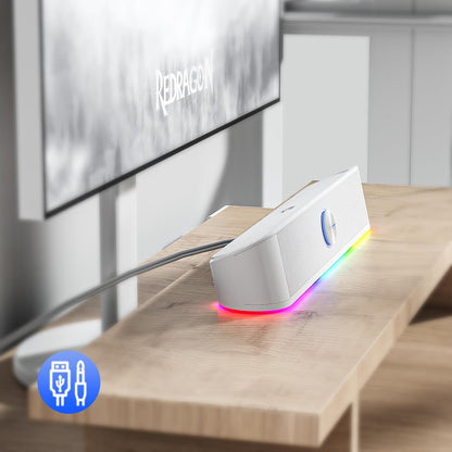 Redragon GS560 RGB Desktop Soundbar, 2.0 Channel Computer Speaker with Dynamic Lighting Bar Audio-Light Sync/Display, Touch-Control Backlit with Volume Knob, USB Powered w/ 3.5mm Cable, White - T
