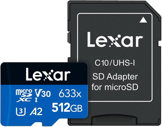 Lexar 633x microSDHC/microSDXC UHS-I Flash Memory 512 GB Class 10 – Flash Memory (512 GB, MicroSDXC, Class 10, UHS-I, 100 MB/s, Black, Blue)