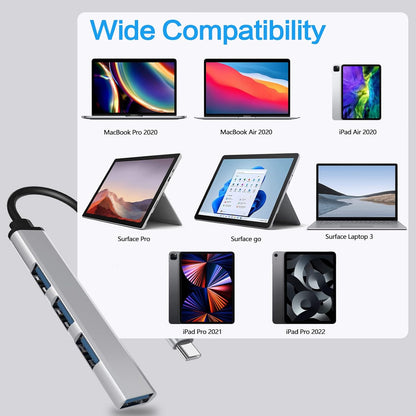 MIUOLV USB 3.0 Hub, Type C 4-Port Adapter and 4-in-1 Docking Station, UltraSlim SuperSpeed 5Gbps Aluminum for MacBook Pro 2021/ Air 2020/2019/2018 Ipad Pro Surface Pro Flash Drive Mobile HDD (Silver) - T