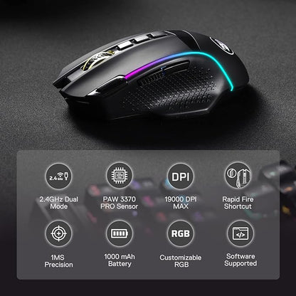 Redragon M991 Wireless Gaming Mouse, 19000 DPI Wired/Wireless Gamer Mouse w/Rapid Fire Key, 9 Macro Buttons, 45-Hour Durable Power Capacity and RGB Backlight for PC/Mac/Laptop