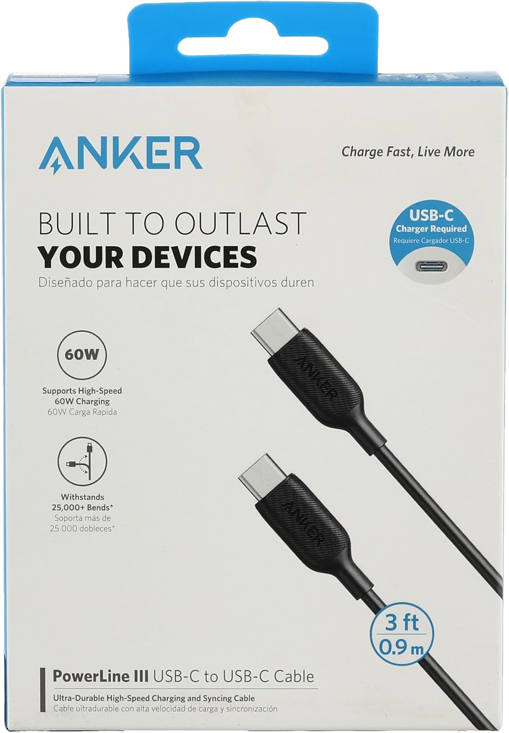 Usb c to usb c cable, anker powerline iii usb-c to usb-c fast charging cord (3 ft), 60w power delivery pd charging for apple macbook, ipad pro 2020, samsung galaxy s10 plus s9 s8 plus, pixel, and more