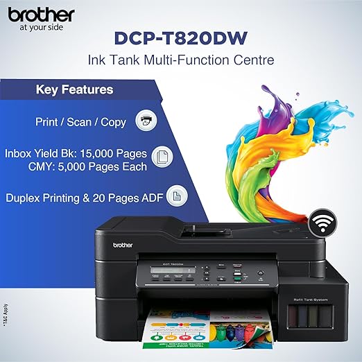 Brother Wireless All In One Ink Tank Printer, DCP T820DW, Automatic 2 Sided Features, Mobile & Cloud Print And Scan, Network Connectivity, High Yield Ink Bottles