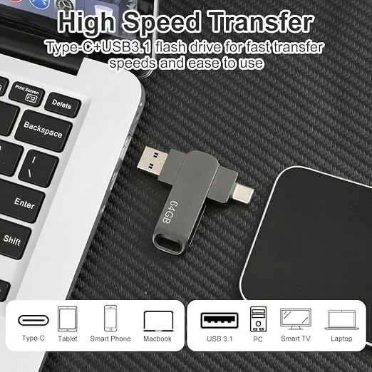 64GB Dual USB 3.2 Gen 1 USB and Type-C Jump Drive Compatible with PC, Smartphones, iPhone 15/16/17, MacBook and iPad USB Flash Drives Capable of Storing 16,000 Songs/21,600 Photos/960 Minutes Video