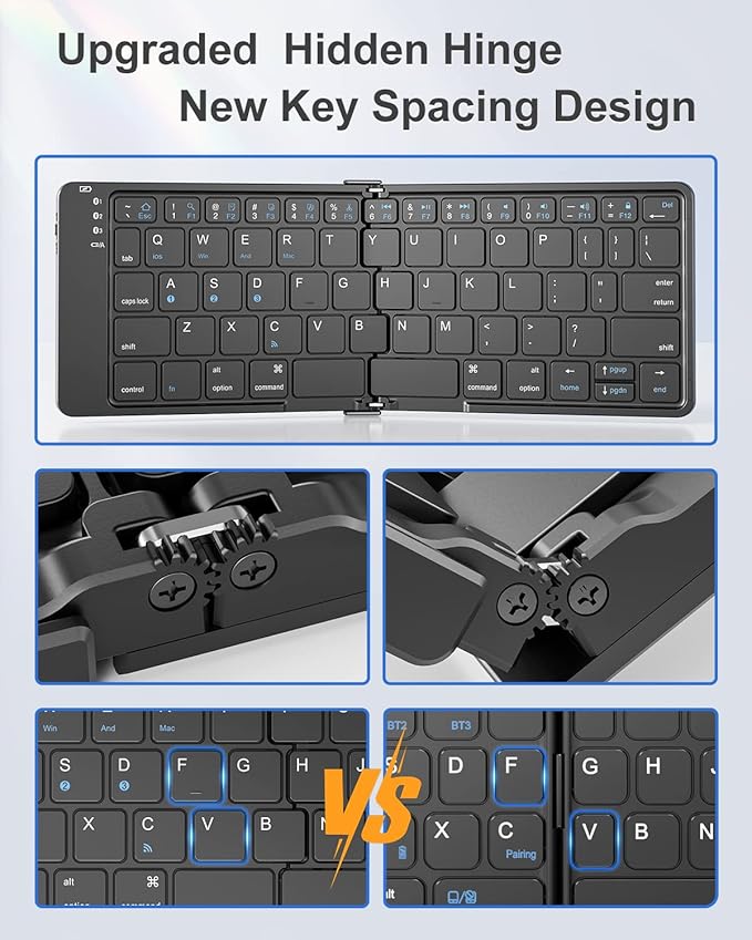 Foldable Bluetooth Keyboard, Portable Wireless Folding Keyboard (BT5.1 x 3), Pocket-Sized & Ultra-Slim, USB-C Rechargeable for iOS, Android, Windows Mac OS Laptop Tablet Smartphone, Black