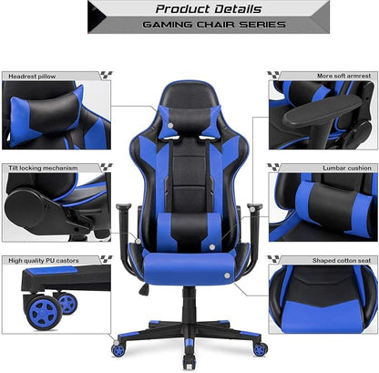 Mahmayi C599 PU Leather Adjustable Gaming Chair Ergonomic Design High Back Lumber Support Adjustable Neck Pillow Steel Frame Strong Nylon Base for Home & Office - Blue/Black